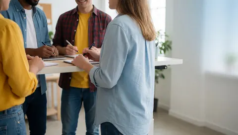 Three professionals standing and collaborating at a modern desk, taking notes with notebooks and pens in a bright office with plants.