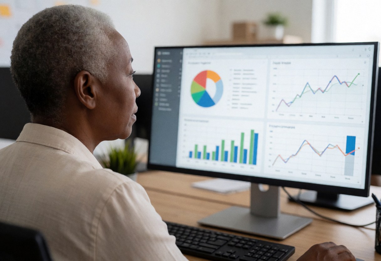 Marketing professional analyzing data charts on a computer in a modern office with natural light and decorative plants in the background.