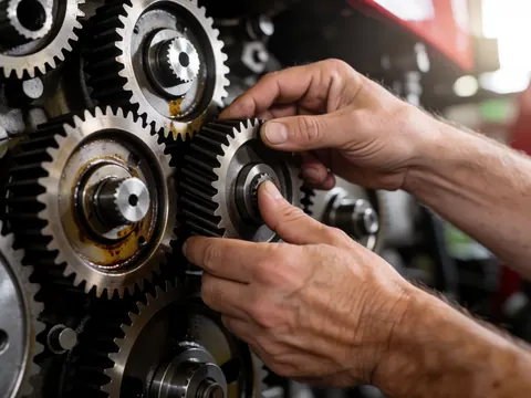 Detailed view of mechanical gears and engine components in an agricultural tractor, showing metal textures and industrial machinery parts with dramatic lighting and a blurred background.