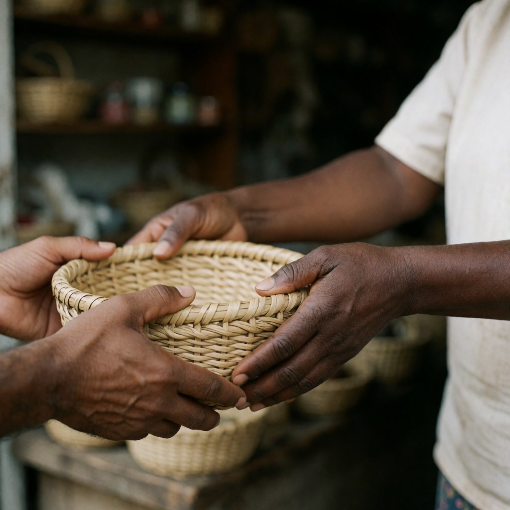 Close-up of woven baskets and handmade items being handed over, symbolizing local commerce and artisanal craftsmanship for nonprofit initiatives.