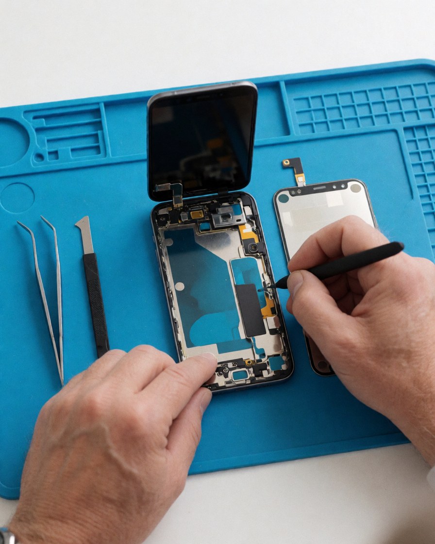 Close-up view of precision smartphone repair tools including tweezers and screwdrivers arranged on a clean white mat with blue accents