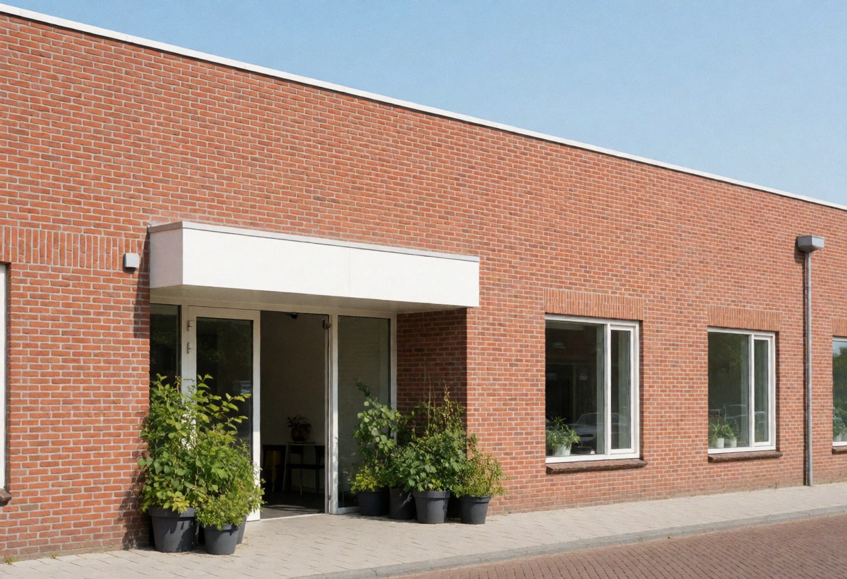 Exterior view of a renovated community building featuring a brick facade, white entrance awning, potted plants, and a clear blue sky.