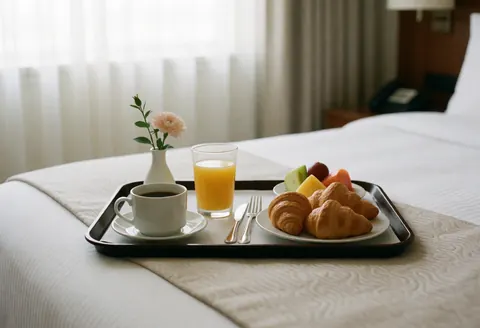 Breakfast tray on a hotel bed featuring coffee, croissants, fresh fruit, juice, morning light, clean sheets, and a flower in a small vase