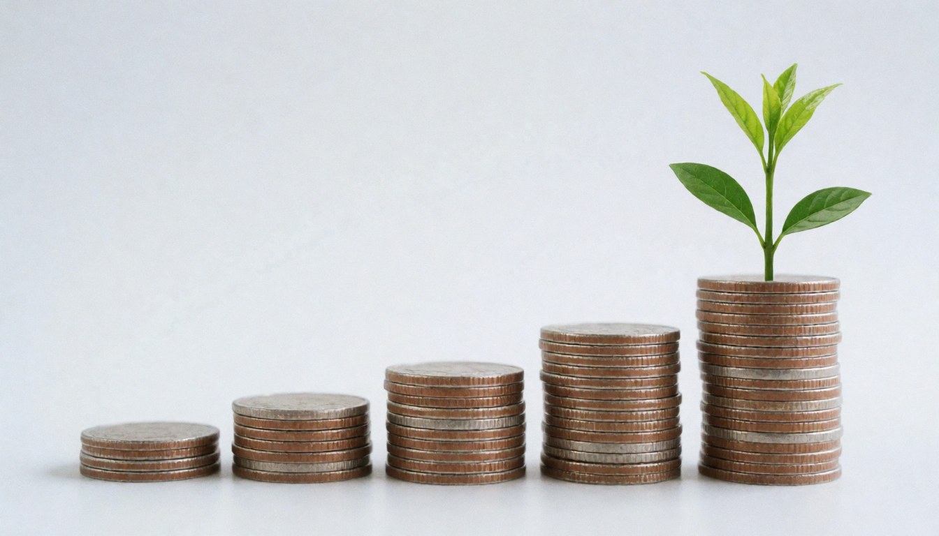 A stack of coins with a small green plant sprouting from the top coin against a white background, symbolizing financial growth and investment.