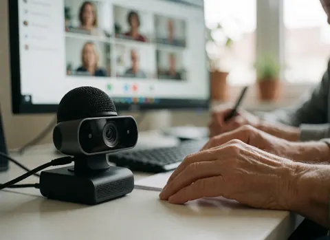 Professional webcam and microphone on a desk with an online course interface on the monitor, hands working during a virtual class