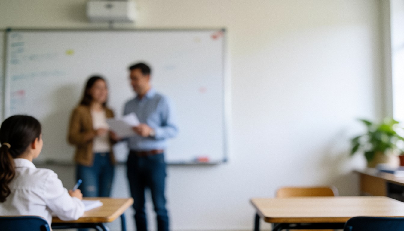 Soft focus classroom interior with a desk, chair, and whiteboard, providing a neutral educational backdrop for text.