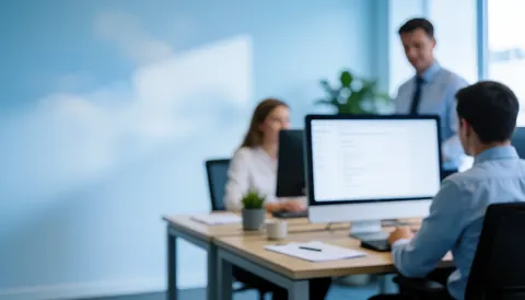 A soft focus background of a modern corporate office space featuring desks, computers, and plants, ideal for text overlay in business presentations.