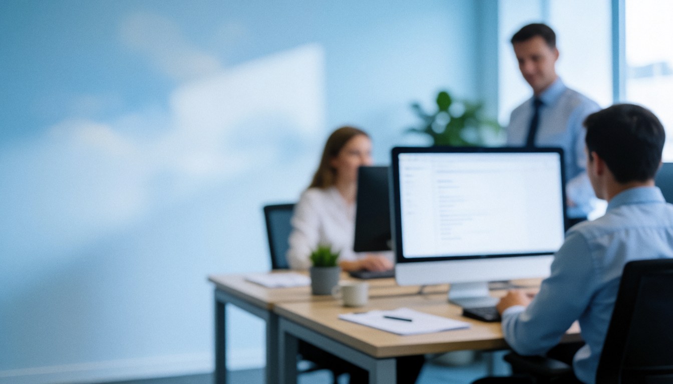 A soft focus background of a modern corporate office space featuring desks, computers, and plants, ideal for text overlay in business presentations.