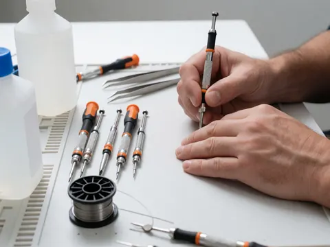 Hands using precision tools like screwdrivers and tweezers for cell phone and electronics repair on a clean white background.