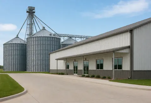 Modern grain storage facility featuring tall metal silos, a clean paved lot, and a clear blue sky, suitable for agricultural business imagery.