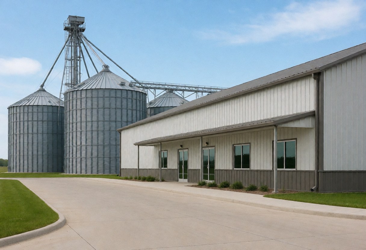 Modern grain storage facility featuring tall metal silos, a clean paved lot, and a clear blue sky, suitable for agricultural business imagery.