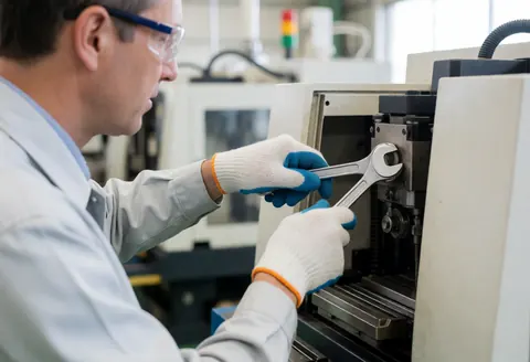 Technician wearing safety gloves and glasses repairing an industrial machine with a wrench in a factory setting.