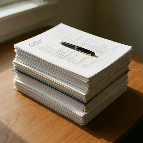 Stack of engineering reports and documents on a wooden desk with a pen, natural light, field work product