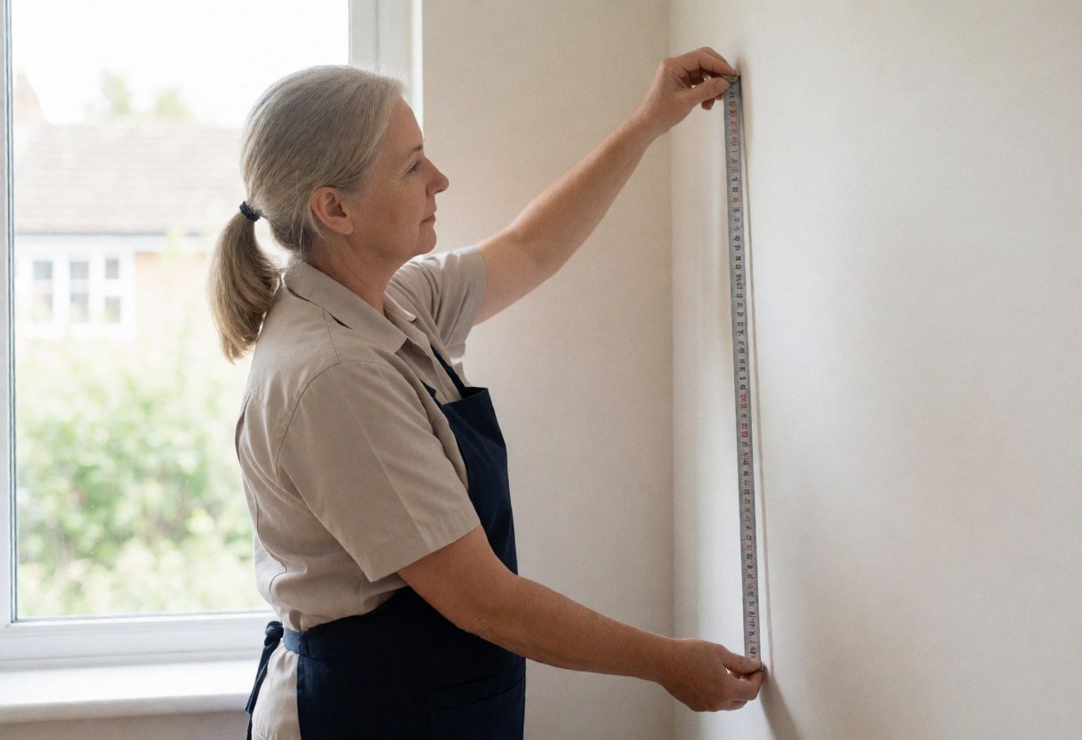 Professional worker measuring a wall inside a home using a tape measure with natural light from a window, wearing a practical uniform for a furniture service.