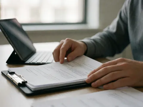 A close-up view of a hand sorting through paper resumes and documents on a wooden office desk near a tablet, illustrating human resources recruitment and hiring processes.