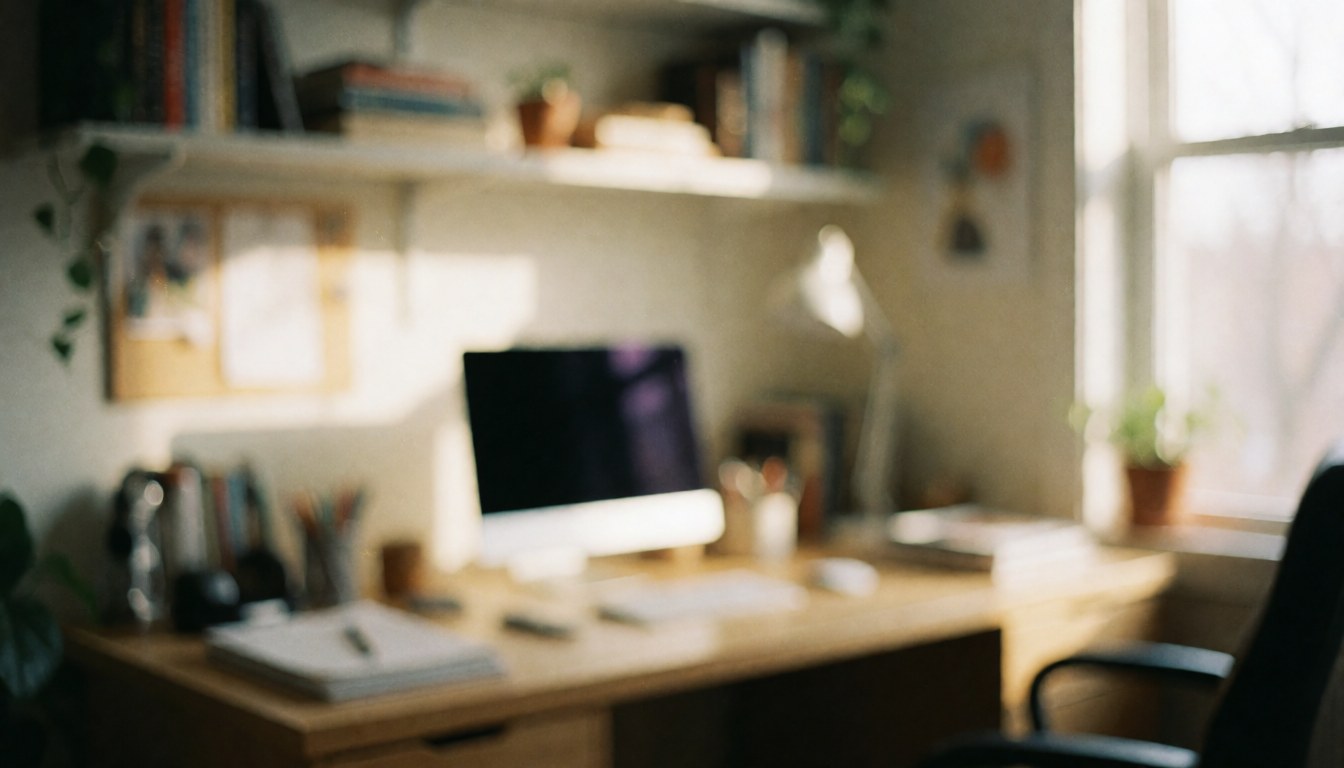 A softly blurred background of a home office desk featuring a computer, notebook, pen, and shelves with plants, illuminated by warm natural light from a window, ideal for insurance text overlays.
