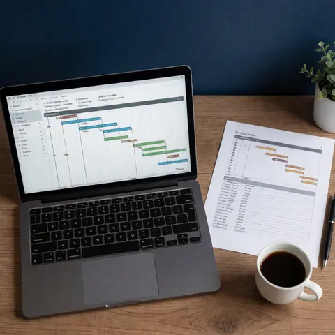Laptop displaying a Gantt chart next to a printed project plan and a cup of coffee on a wooden table near a blue wall.