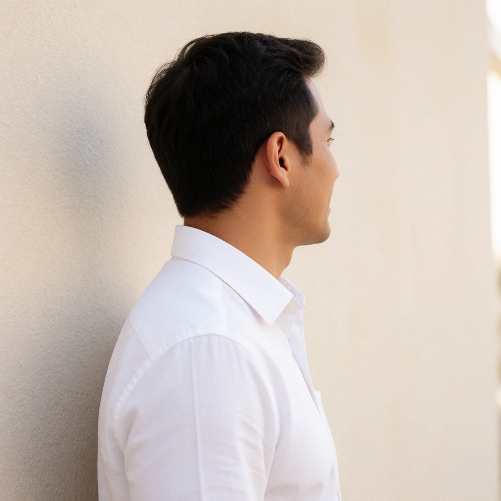 A close-up portrait of a young professional man wearing a white dress shirt against a clean beige wall with natural lighting