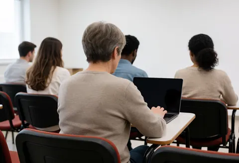 An adult student wearing a gray sweater uses a laptop in a classroom with white walls and empty seats nearby.