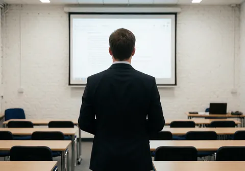 Teacher standing with back to camera in empty conference room with tables, chairs, and active projector for language classes