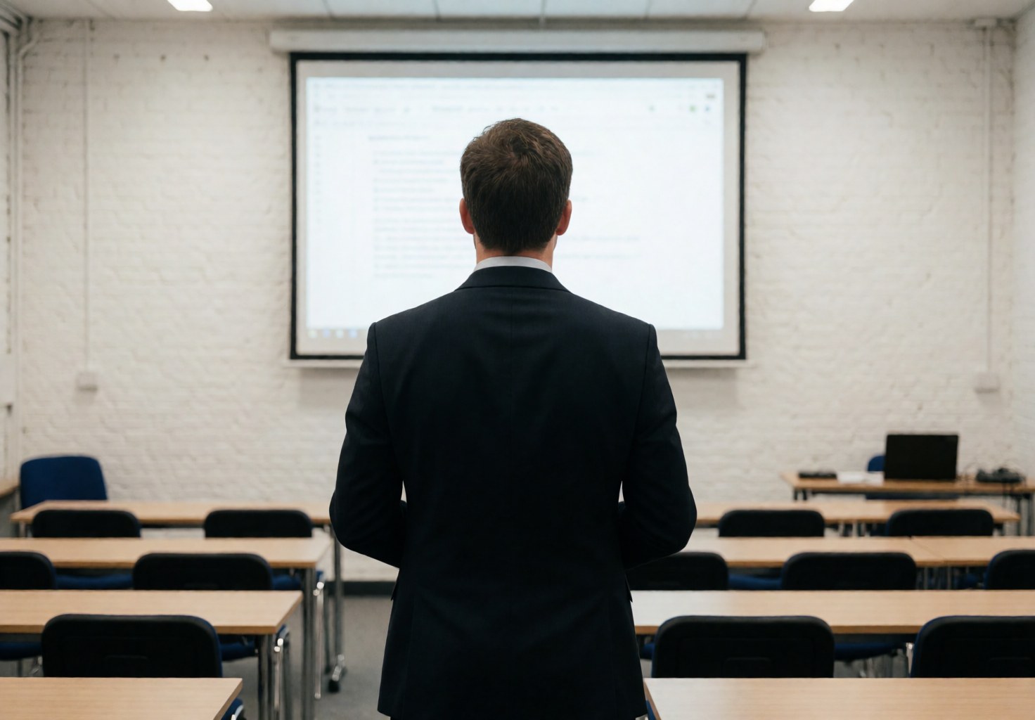 Teacher standing with back to camera in empty conference room with tables, chairs, and active projector for language classes