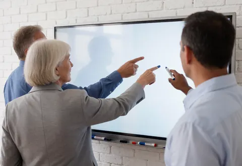 Three professionals in a meeting room with a digital whiteboard, pointing and discussing. White brick wall, visible markers.