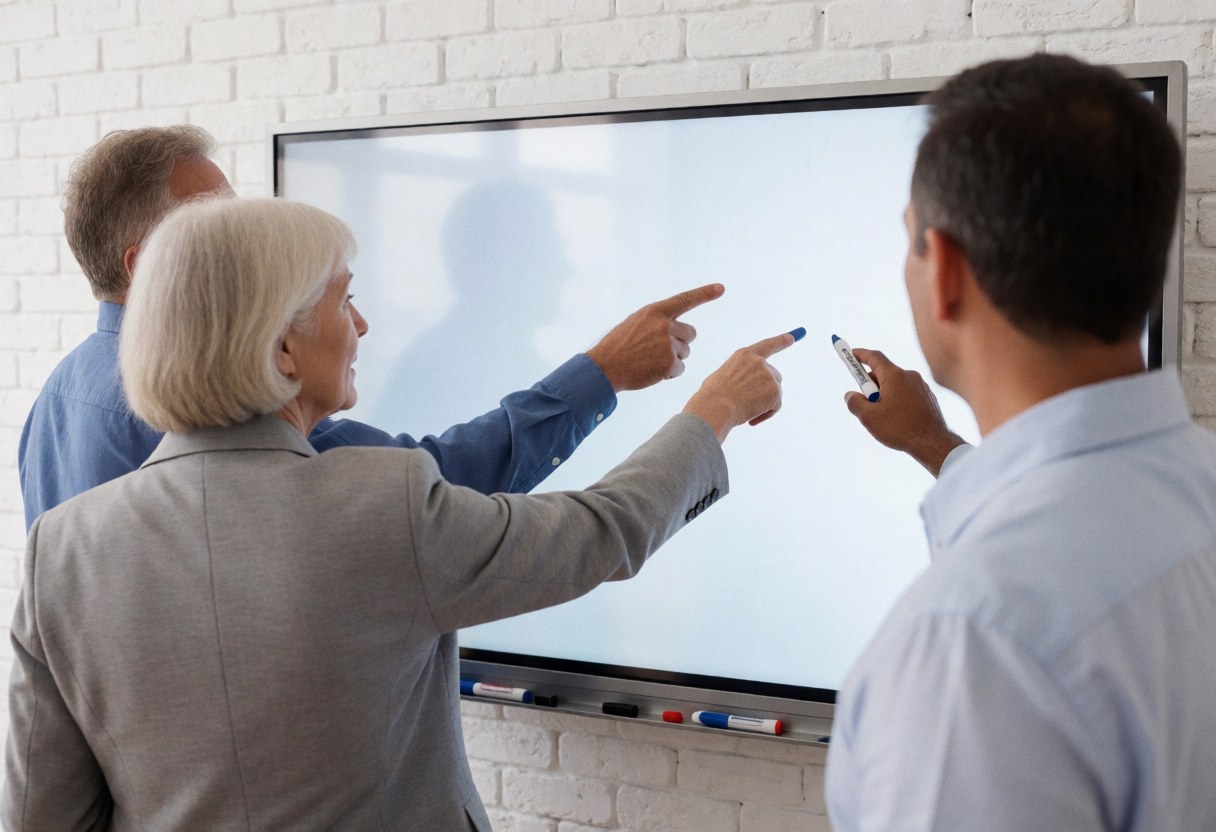 Three professionals in a meeting room with a digital whiteboard, pointing and discussing. White brick wall, visible markers.