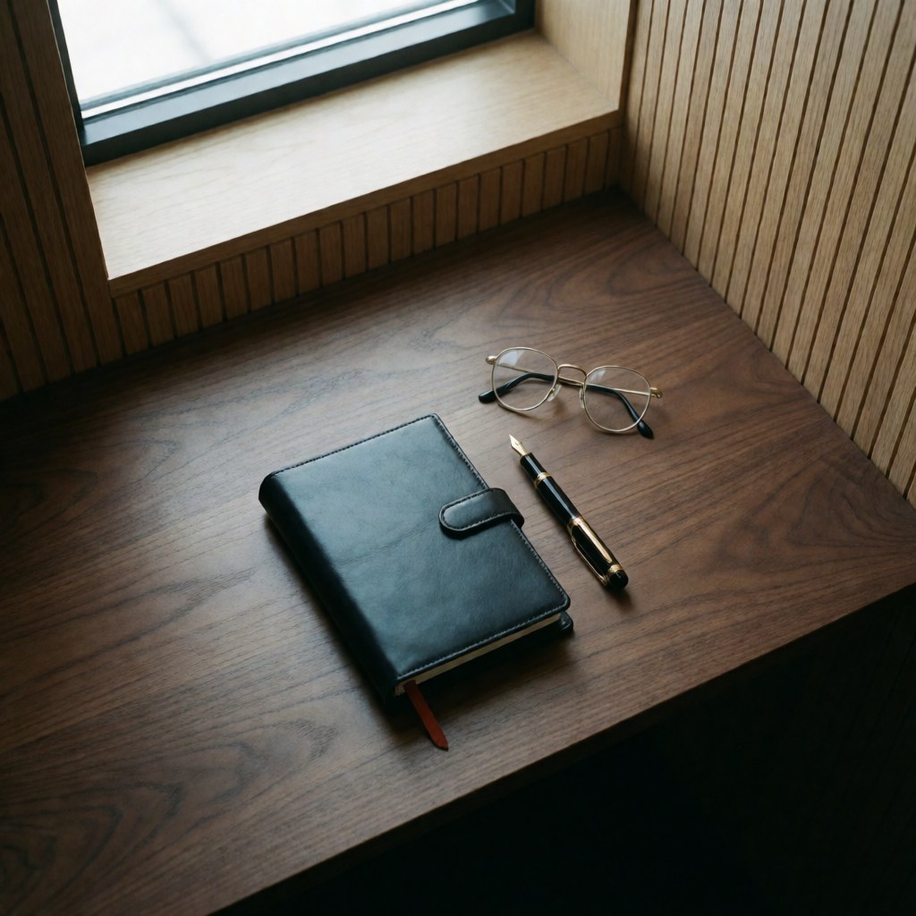 Dark wooden desk with notebook, pen, and glasses, lit by natural light, ideal for language school or professional study