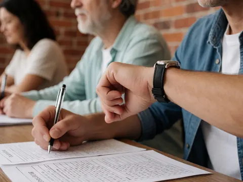 Close-up of a hand checking a wristwatch over an exam paper on a brick surface, conveying academic tension and focus.