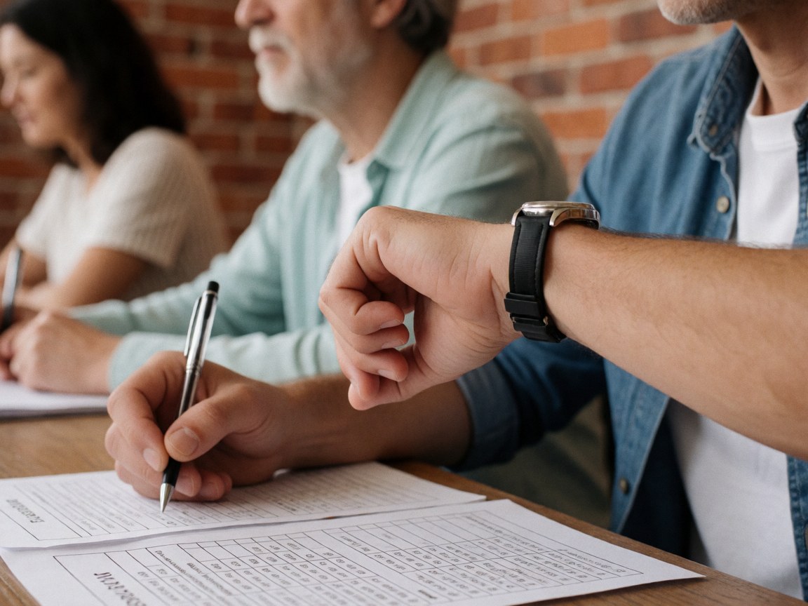 Close-up of a hand checking a wristwatch over an exam paper on a brick surface, conveying academic tension and focus.