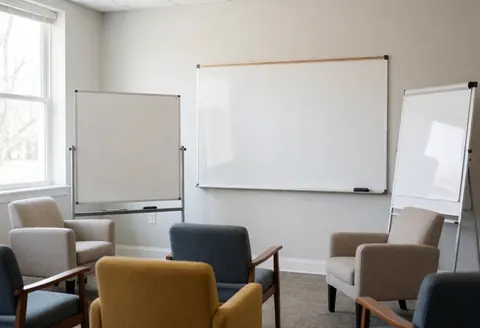 Bright modern classroom interior featuring comfortable chairs and whiteboards, ideal for a language academy with natural light and gray walls.