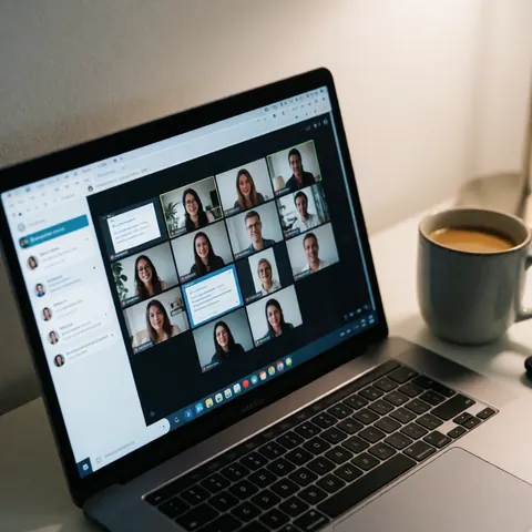 Close-up view of a laptop screen displaying a live virtual class with a professor and students in a video conference interface, alongside a coffee mug on a desk