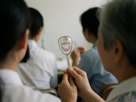 Close-up of a student holding a dental mirror in a language classroom, reflecting teeth with a blurred background of other students.