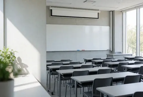 Empty modern classroom featuring a whiteboard, grey tables and chairs, concrete walls, and natural light from windows, ideal for university or school settings.