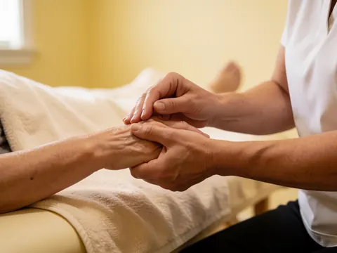 A therapist applies a therapeutic hand massage to a client in a treatment room with soft yellow walls and white towels.