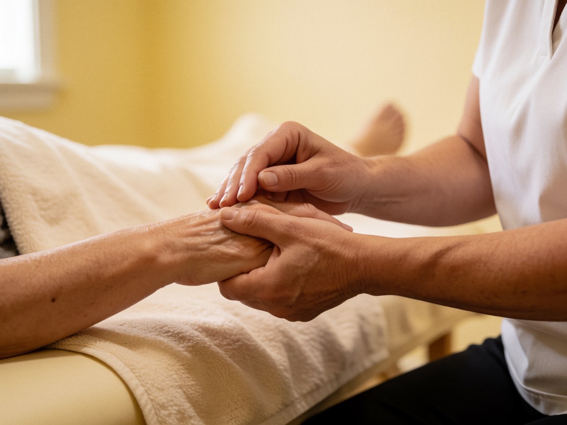 A therapist applies a therapeutic hand massage to a client in a treatment room with soft yellow walls and white towels.