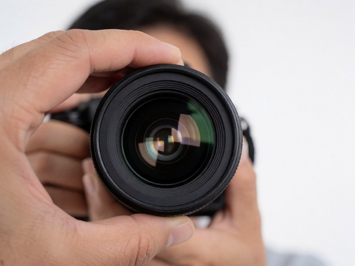 Detailed close-up view of a camera lens being held by hands against a clean white background, highlighting professional photography equipment and precision.