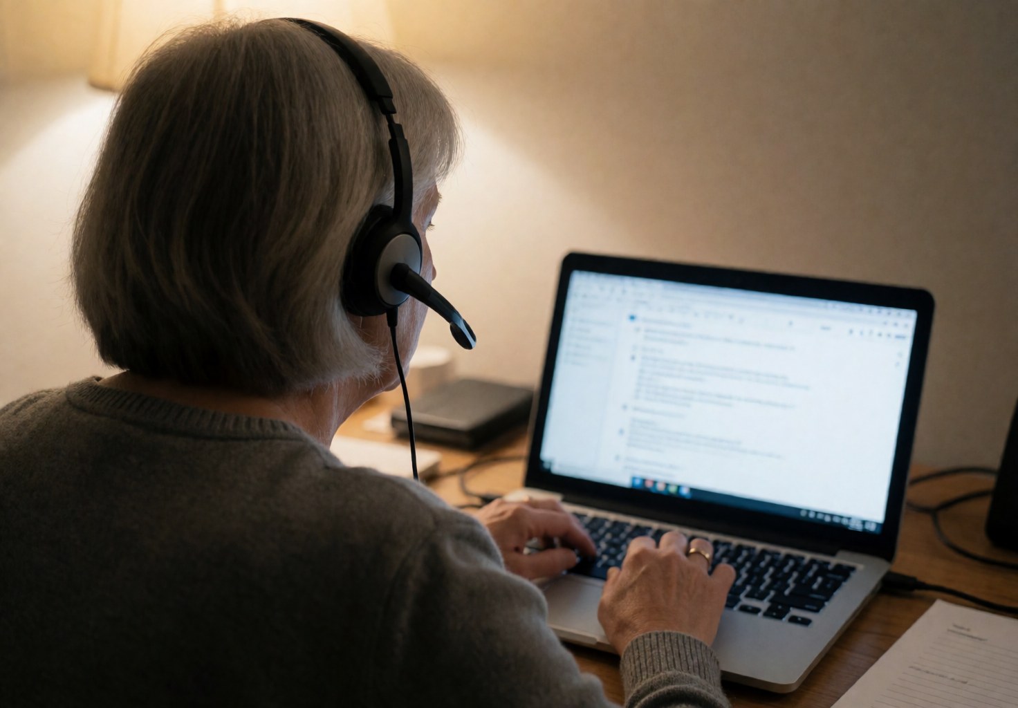 Close-up view of an adult student wearing headphones and typing on a laptop keyboard during a virtual language lesson at home