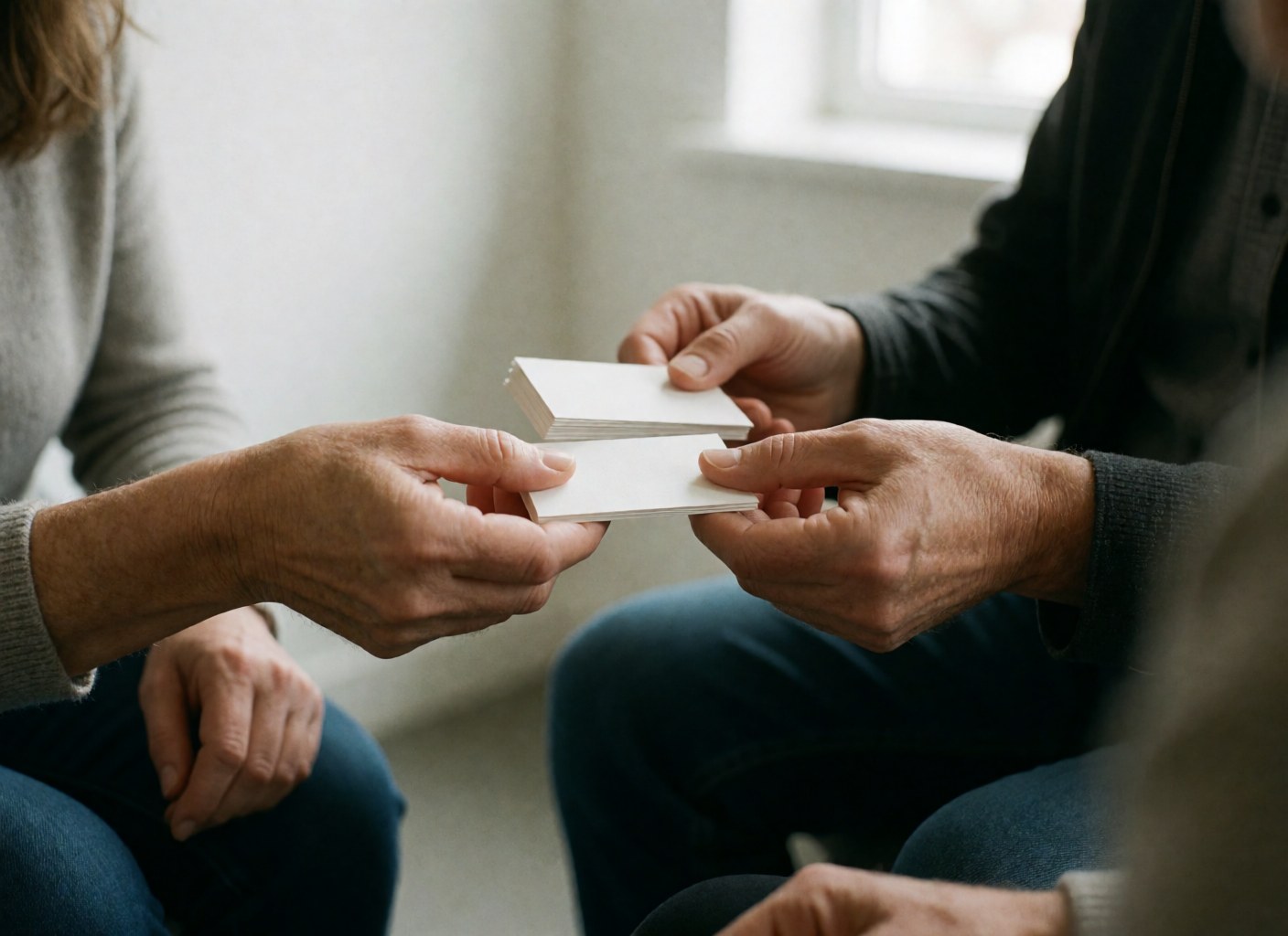 Close-up of hands exchanging business cards in a professional environment with natural light and a blurred background.
