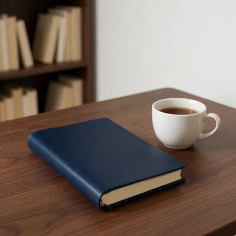 A closed journal and a cup of tea placed on a wooden desk surrounded by books, creating a calm atmosphere for language study.