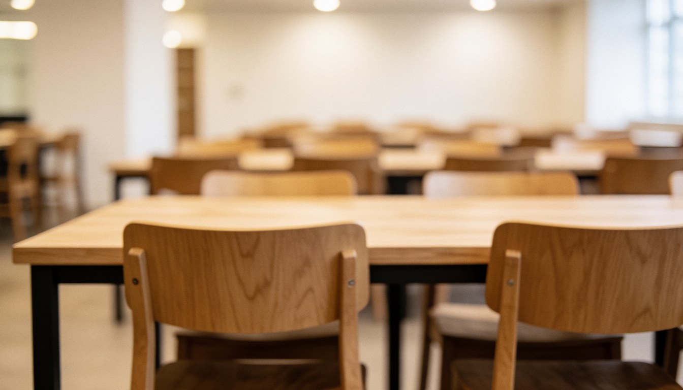 Empty wooden tables and chairs in a university study area with warm lighting and a blurred background, suitable for educational text overlays