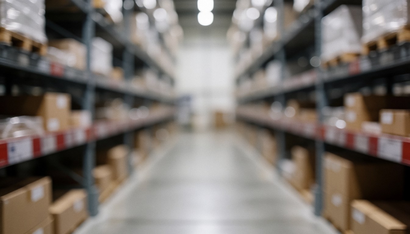 A blurred warehouse aisle featuring metal shelving units and cardboard boxes, providing a professional background for logistics and industrial operations text.