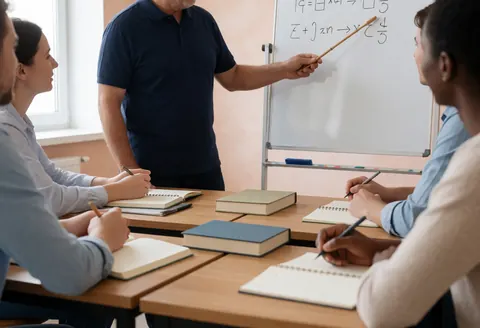 A teacher leads a structured language lesson in a classroom with students taking notes and using books.