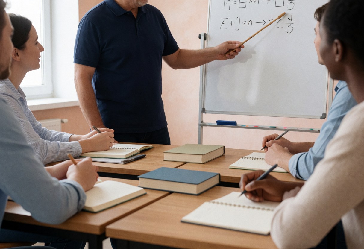 A teacher leads a structured language lesson in a classroom with students taking notes and using books.