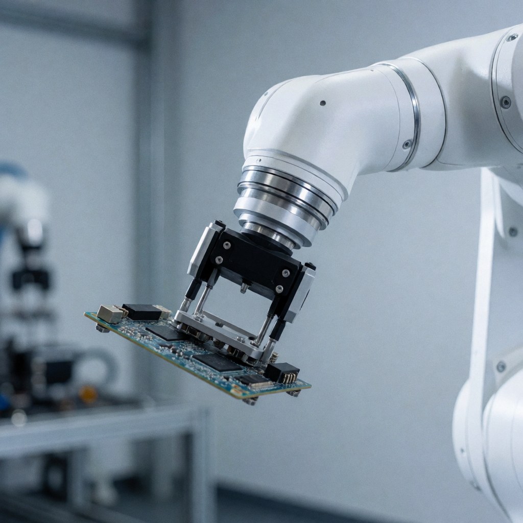 Close-up view of a robotic arm precisely assembling a green electronic circuit board in a modern industrial manufacturing setting