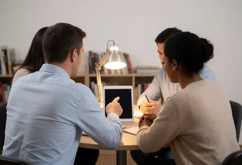 A counselor and student meeting in an office with a tablet, desk lamp, and books in the background