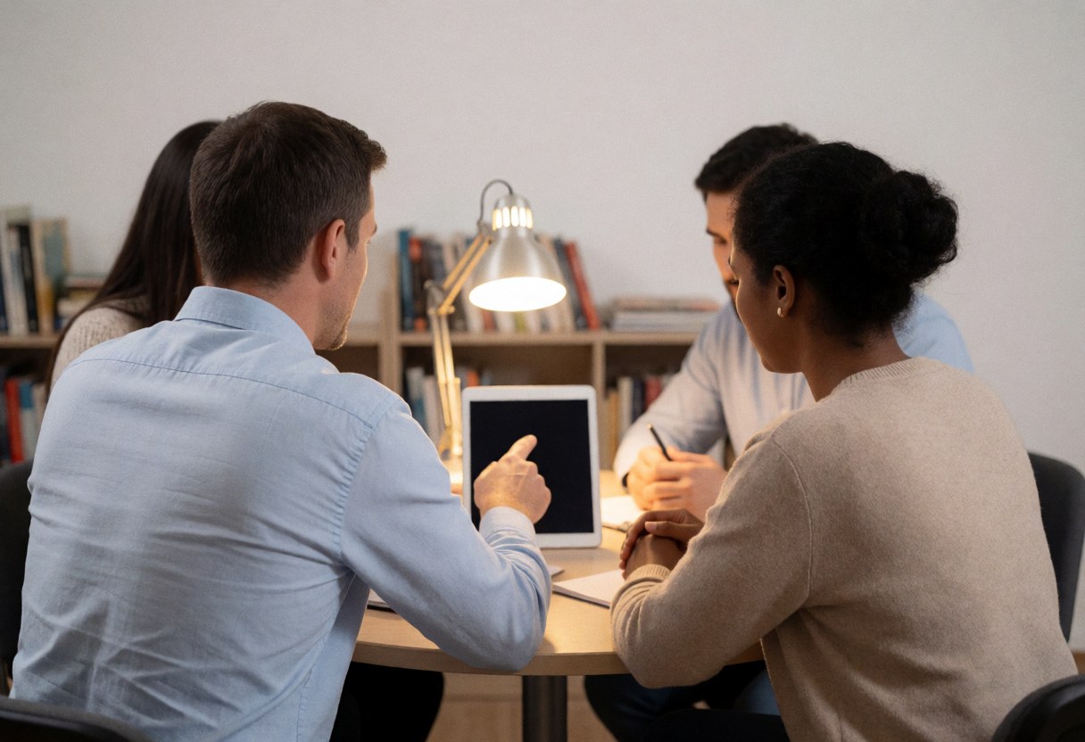 A counselor and student meeting in an office with a tablet, desk lamp, and books in the background