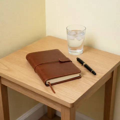 Brown leather notebook and ink pen on light wood table with ice water glass against yellow wall