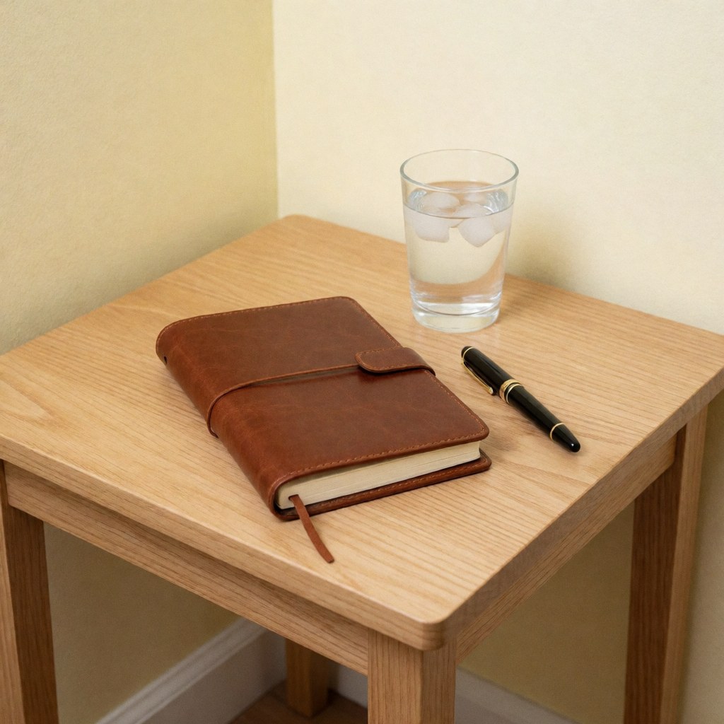 Brown leather notebook and ink pen on light wood table with ice water glass against yellow wall