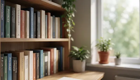 Office background featuring a wooden bookshelf filled with psychology books, green plants, and natural light from a window, suitable for mental health and therapy text overlays.